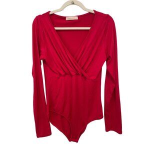 Eldridge Faux Wrap One Piece Long Sleeve Bodysuit Womens Large Red Party Formal